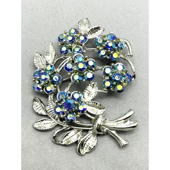 Vintage Blue Rhinestone Floral Brooch Pin